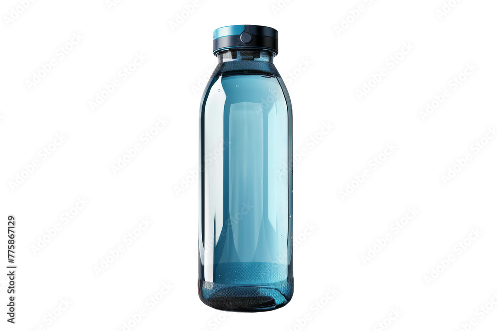 A blue glass bottle with a black lid resting on a table