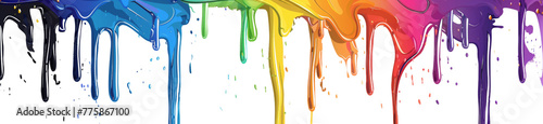 Rainbow paint dripping down, seamless pattern on white background. Rainbow color drips in the shape of horizontal stripes for design elements. Dripping art with vibrant colors with copy space