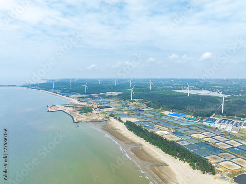Wind power plant on the Baltic Sea coast in Zhanjiang, Guangdong, China