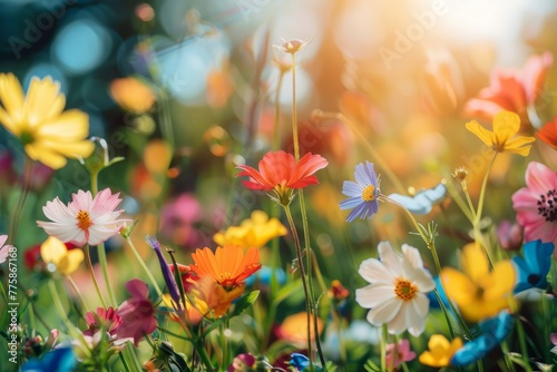 A field filled with vibrant wildflowers under the suns warm glow photo