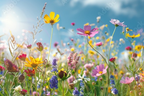A vibrant field filled with various wildflowers and flowers blooming in full, showcasing a colorful and lively scene