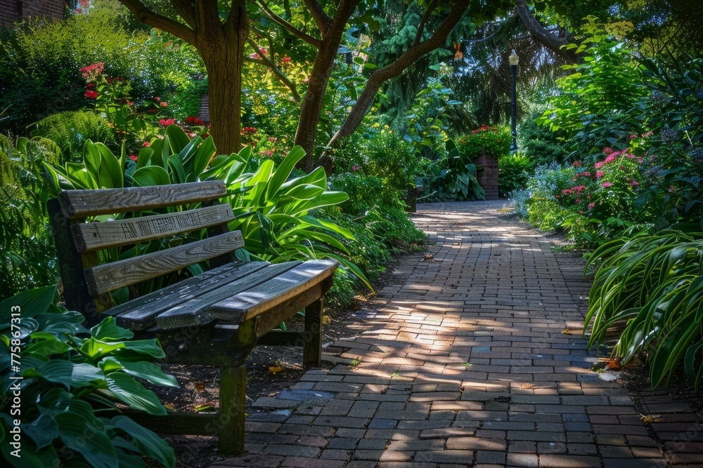 A wooden bench is placed in the center of a lush garden setting, surrounded by greenery and flowers
