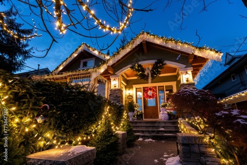 A house adorned with colorful Christmas lights and wreaths on the front, adding a festive touch to the neighborhood