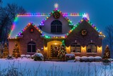 A house covered in colorful Christmas lights stands out against the snowy backdrop