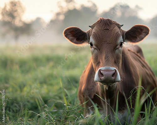 Serene cow on lush farm ground early morning mist rising capturing a moment of peace