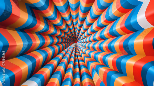 A mesmerizing optical illusion of endless tunnels in bold red, blue, and orange colors, creating a sense of infinite depth and movement.