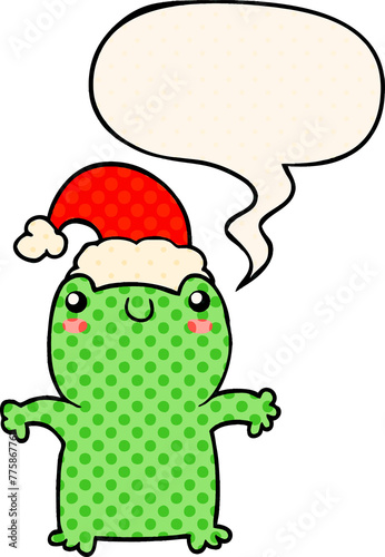 cute cartoon frog wearing christmas hat with speech bubble in comic book style