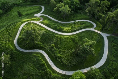 A winding road meanders through a vibrant green field, creating a picturesque scene of natures beauty