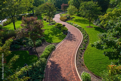 Aerial perspective of a winding brick pathway in a park, surrounded by lush greenery © Ilia Nesolenyi