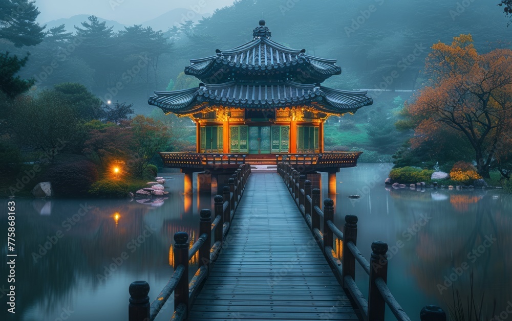 Obraz premium Tranquil Asian Pavilion on Misty Lake at Twilight