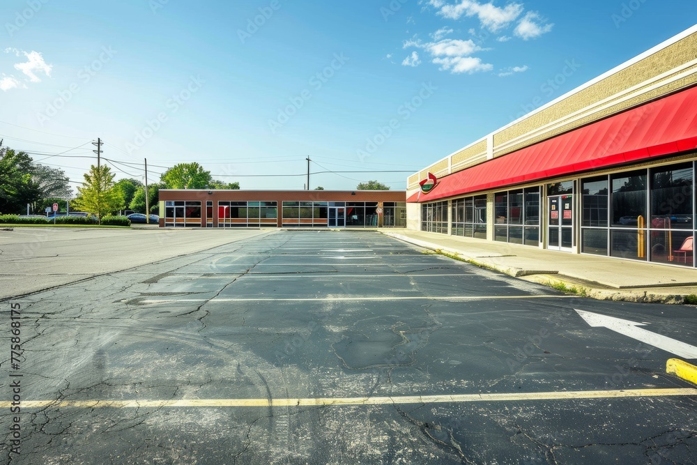 An empty parking lot with a prominent red awning under the clear sky