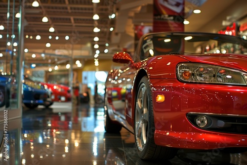 A red sports car is parked on display in a bright and spacious showroom setting