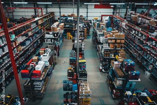 A high-angle shot of a commercial warehouse filled with rows of boxes and shelves storing auto parts and products