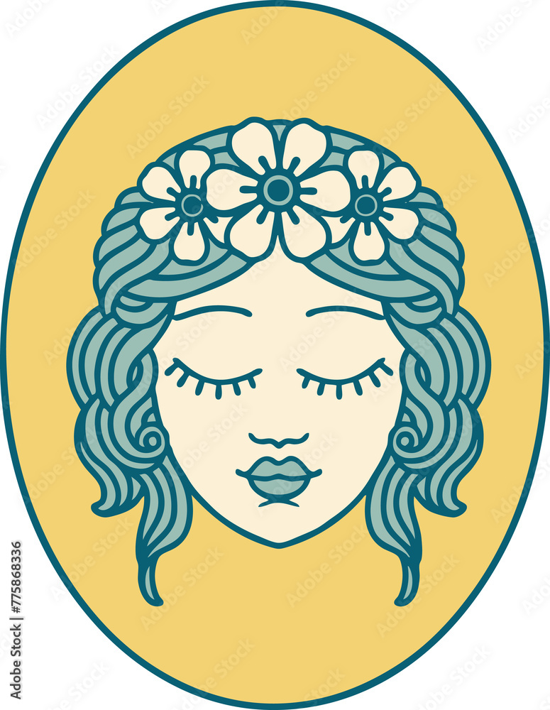 iconic tattoo style image of a maiden with eyes closed