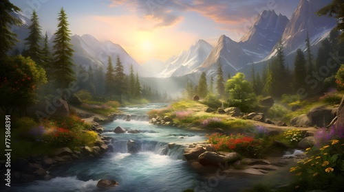 Beautiful panorama of a mountain river in the forest at sunset