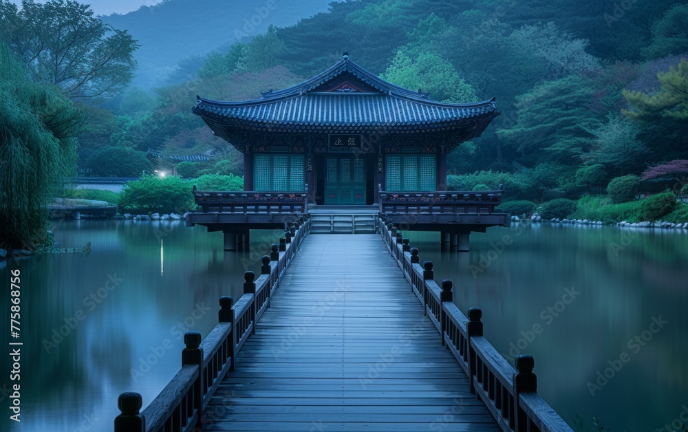 Obraz premium Tranquil Lakeside Pavilion at Dusk