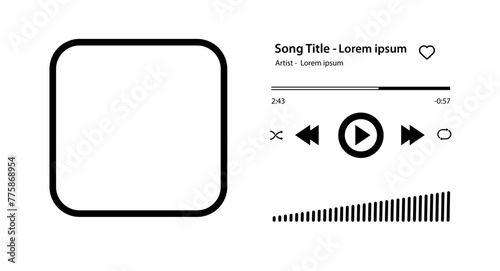 Music player Song plaque with buttons loading bar equalizer sign sound wave and frame for album photo. Trendy music player interface . Vector