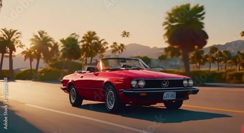 3d view Red Cabrio sports car, sunrise, palm trees, 1980 retro style photo
