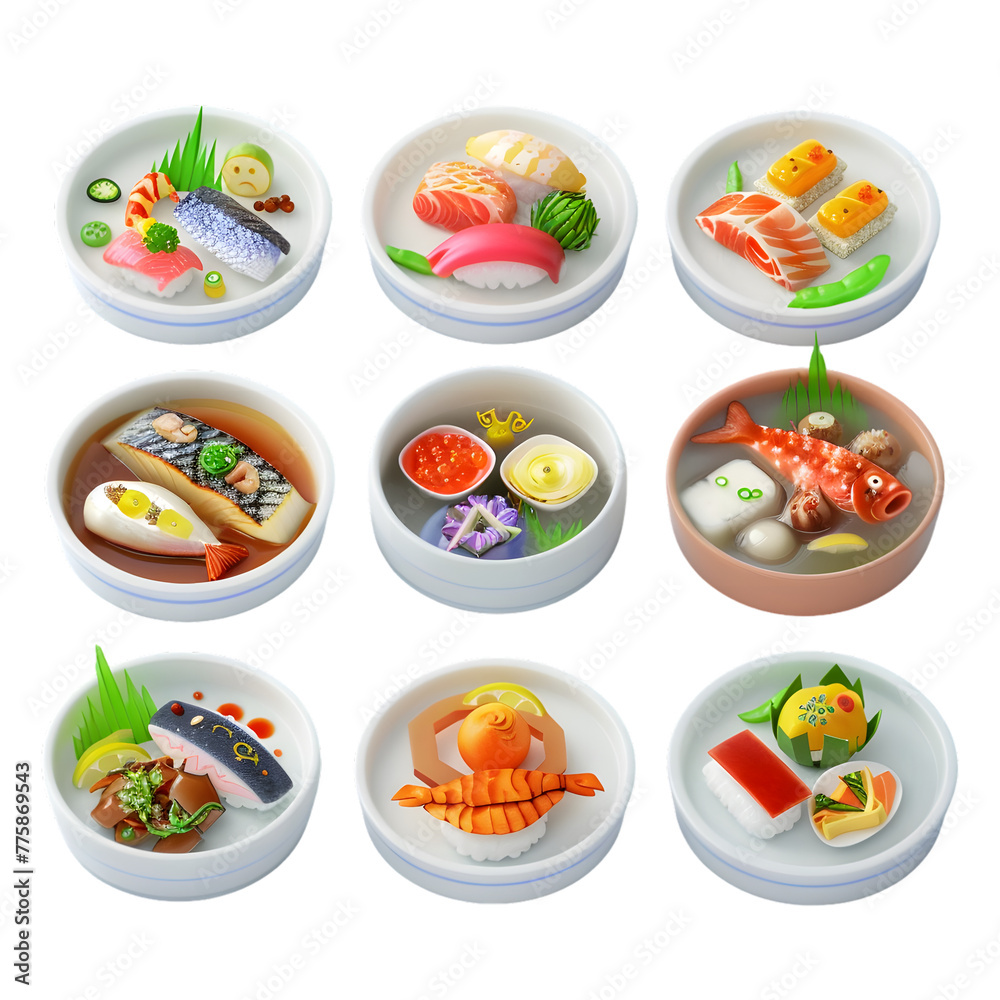 Colorful 3D Icon Sets of fish dishes, 3d rendering isolated on transparent background Colorful 3D Icon Sets of fish dishes, 3d rendering isolated on transparent background