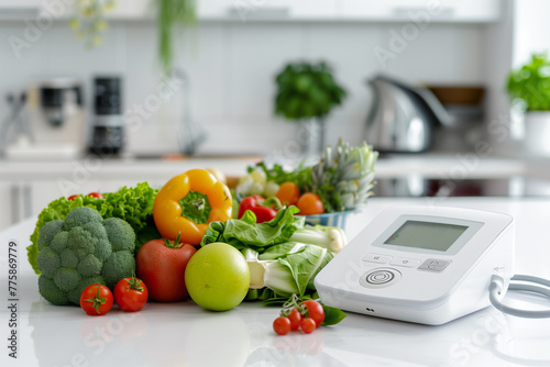 A white blood pressure monitor sits on a table with a variety of vegetables
