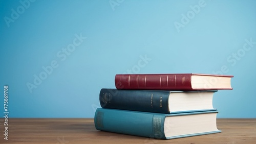 Copy Space Background with Blue Pastel Color, with Stuck of Books, generative, ai