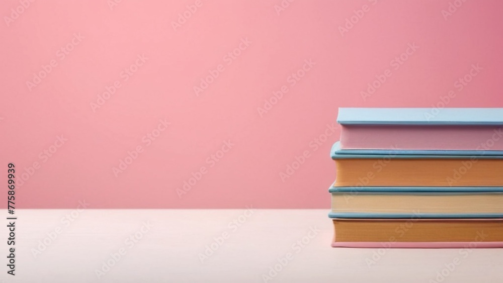 Fototapeta premium Stuck of Books with Copy Space Background, Pink Color Pastel, generative, ai
