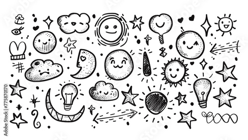 落書きスケッチ要素セット、ベクトル手描きグラフィック線形、矢印、ハート、下線。シンプルな波線キット、王冠、星、口径食の吹き出し、グランジの落書き。インク落書き要素、チェック マーク