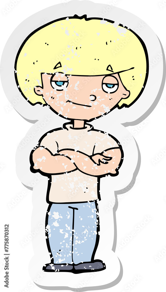 retro distressed sticker of a cartoon smug looking man retro distressed sticker of a cartoon smug looking man