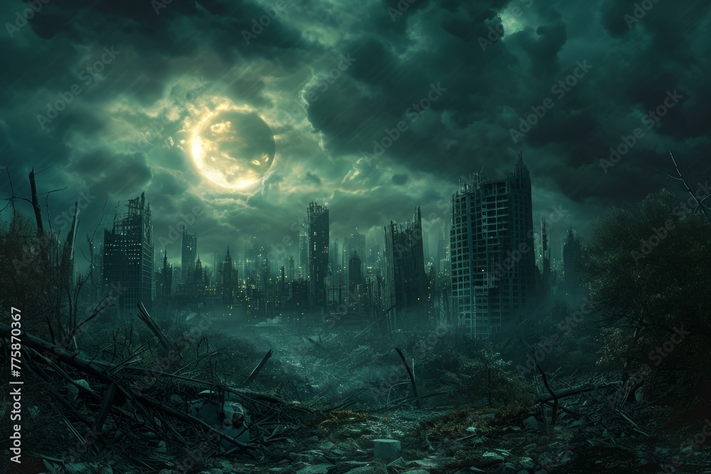 Obraz premium Haunted Apocalypse city dark. Street war smoke. Generate Ai