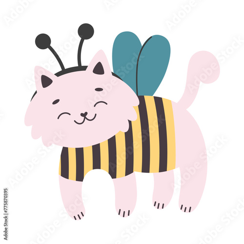 Cute smiling cat flying wearing a striped bee costume with wings.Simple flat vector cartoon illustration © Анна Безрукова
