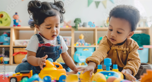 two multiethnic young children, aged 1,5-2 years, are engrossed in play with their toys at a daycare center.