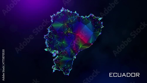 Futuristic Motion Reveal Ecuador Map Polygonal Blue Purple Colorful Connected Lines And Dots Network Wireframe With Text On Hazy Flare Bokeh Background, Last 10 Seconds Seamless Loop