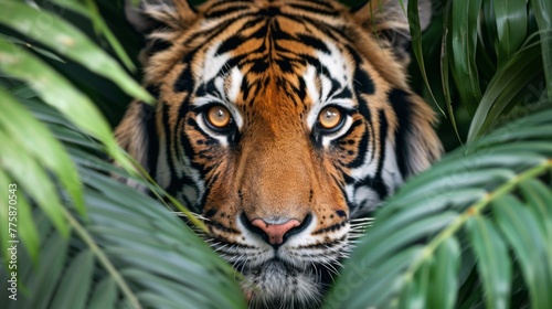 Close Up of Tigers Face Among Leaves