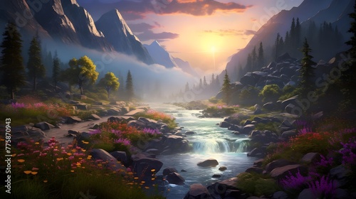 Panoramic view of a mountain river at sunset. Landscape. © Iman