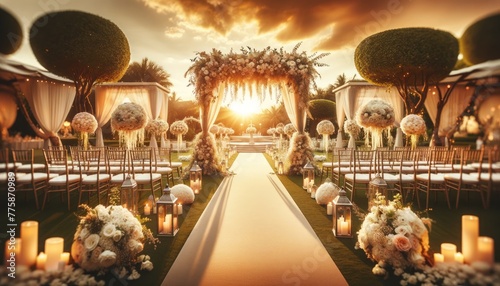 A Romantic and Elegant Wedding Scene Set in an Outdoor Venue During the Golden Hour. Sunset in the Background.