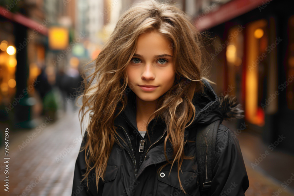 A modern and trendy look of a German young girl captured in a fashionable outfit, the urban flair expertly photographed by an HD camera to accentuate every detail.