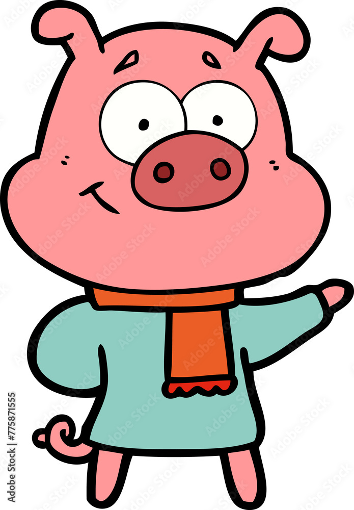 happy cartoon pig wearing warm clothes happy cartoon pig wearing warm clothes
