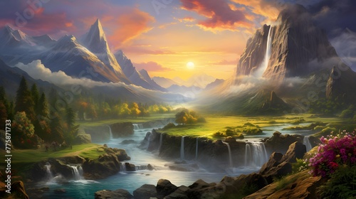 Digital painting of a beautiful mountain landscape with a waterfall on the foreground