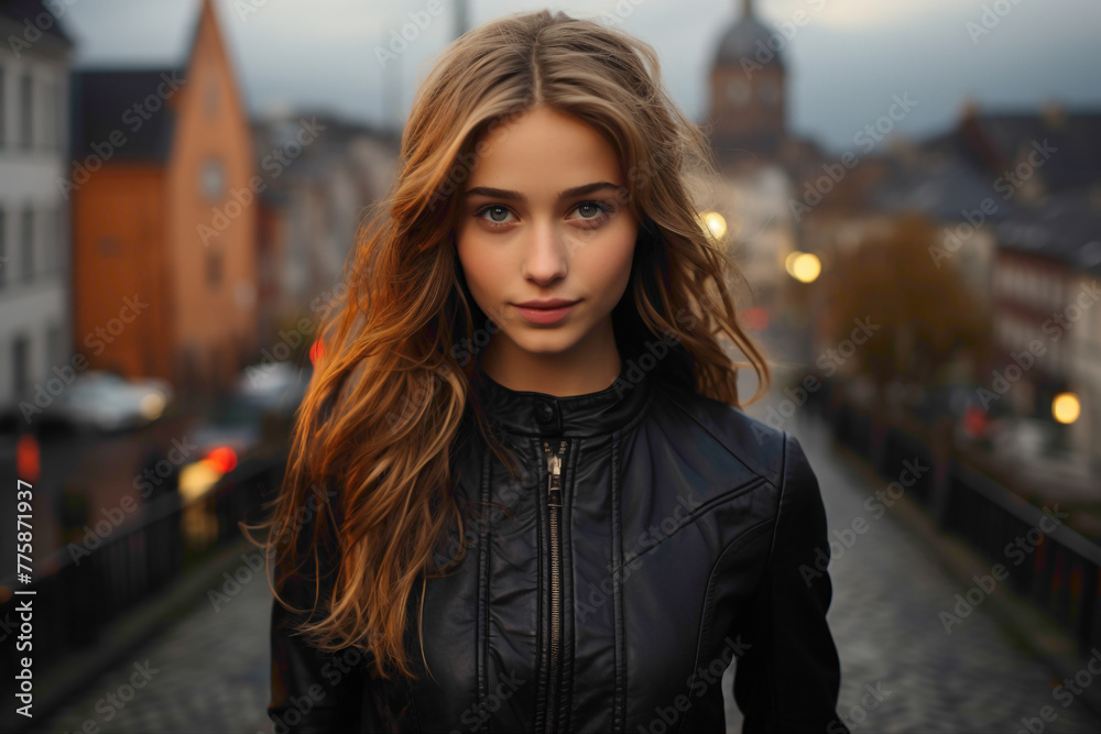 A modern and stylish portrayal of a German young girl adorned in a contemporary outfit, set against the backdrop of an urban landscape, the image expertly captured by an HD camera.