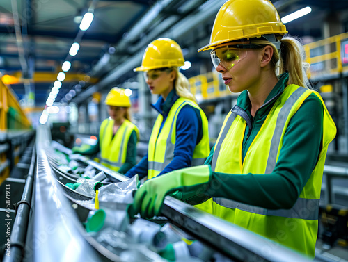 Sorting and processing of plastic waste, workers in protective equipment, waste processing plant. Nature protection, ecology.