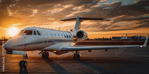 Modern executive jet plane at the airport runway on the background of dramatic sunset. A captivating sunset creates a breathtaking backdrop for the executive jet on the airport runway.