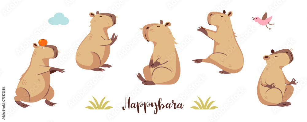 Fototapeta premium Title: Capybara set, cute character in various poses, cartoon style, flat illustrations.