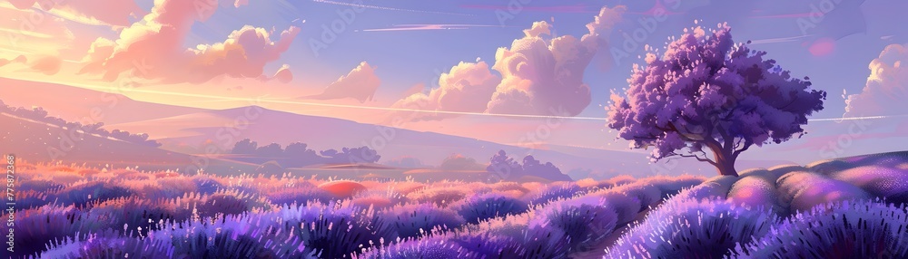 A Surreal Stroll through a Dreamy Lavender Field and Orchard at Magical Sunset