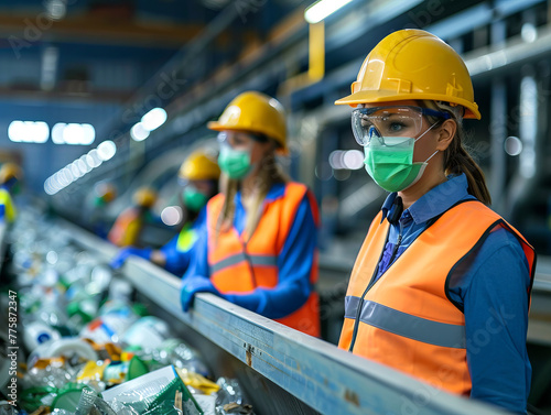 A plant for processing plastic waste, workers in protective gear work on the conveyor. Nature protection, ecology.