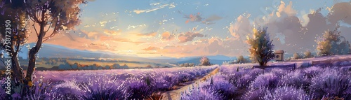 Serene Lavender Field Sunset Next to an Orchard Senses Awakened by Color and Fragrance Peaceful Countryside Landscape Panorama with Vibrant Floral