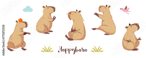 Title: Capybara set, cute character in various poses, cartoon style, flat illustrations.

