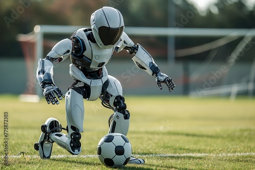 A high-tech humanoid robot dribbling a soccer ball on the field, illustrating the fusion of robotics and sports. © cherezoff