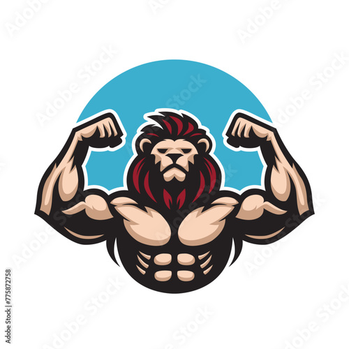 Shredded lion bodybuilder flexing muscles sports logo mascot