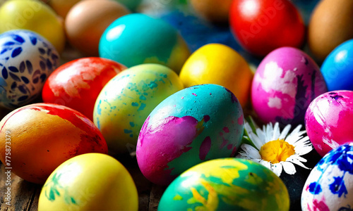 Easter is the oldest Christian holiday. Easter multi-colored painted eggs near chamomile. Created with the help of artificial intelligence.