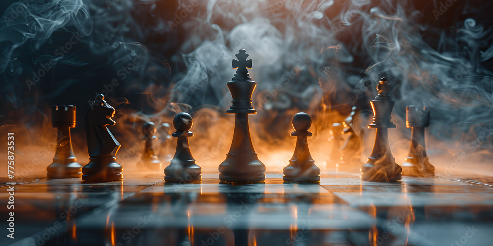chess queen beats king between other pieces on the chessboard, smoke over the battle, dark background, concept for aggression, success and competition. generative ai 